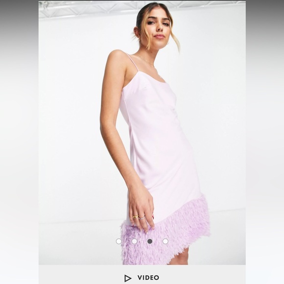 Lilac Satin faux feather hem slip dress - Picture 3 of 6